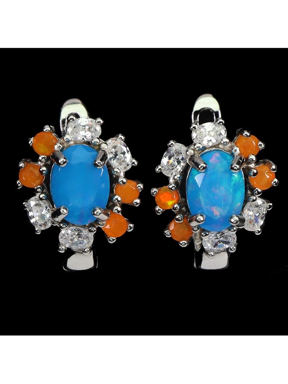 Stunning Genuine Blue and Orange Opal w/ Zircon Earrings 925 Sterling Silver